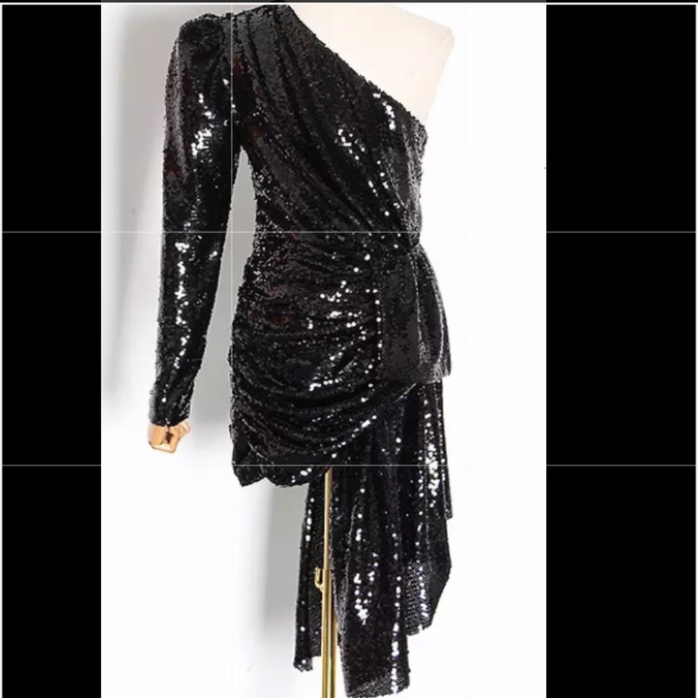 Sequined asymmetrical draped LBD